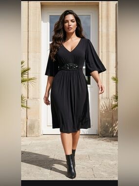ECI Sz 6 Black V-Neck Midi Dress with Embellished Waist Detail